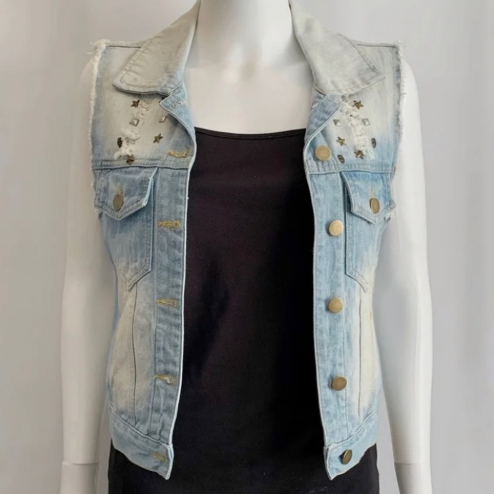 Distressed Denim Jean Sleeveless Vest - Junior Womens Size Small Stars Studded
